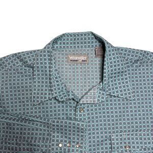 Wrangler Wrancher Mens Long Sleeve Pearl Snap Shirt XXL 2XL Blue Western Rodeo
